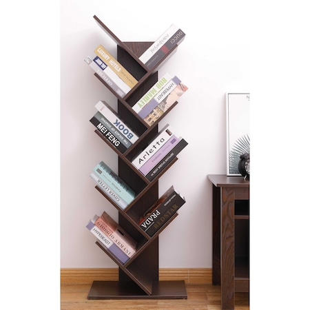 Basicwise Wooden 9-Shelf Tree Magazine CD Storage Bookcase, Brown QI003457.B